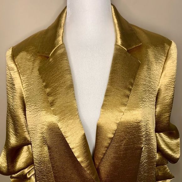 Cinq a Sept Satin Kylie Blazer Size 2 Small Metallic Gold Notched Lapel - Picture 2 of 12
